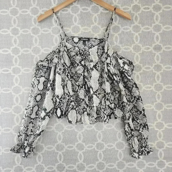 Express Ruffle Cold Shoulder Snake Print Long Sleeve  Cropped Women's Blouse S/P - Picture 1 of 9